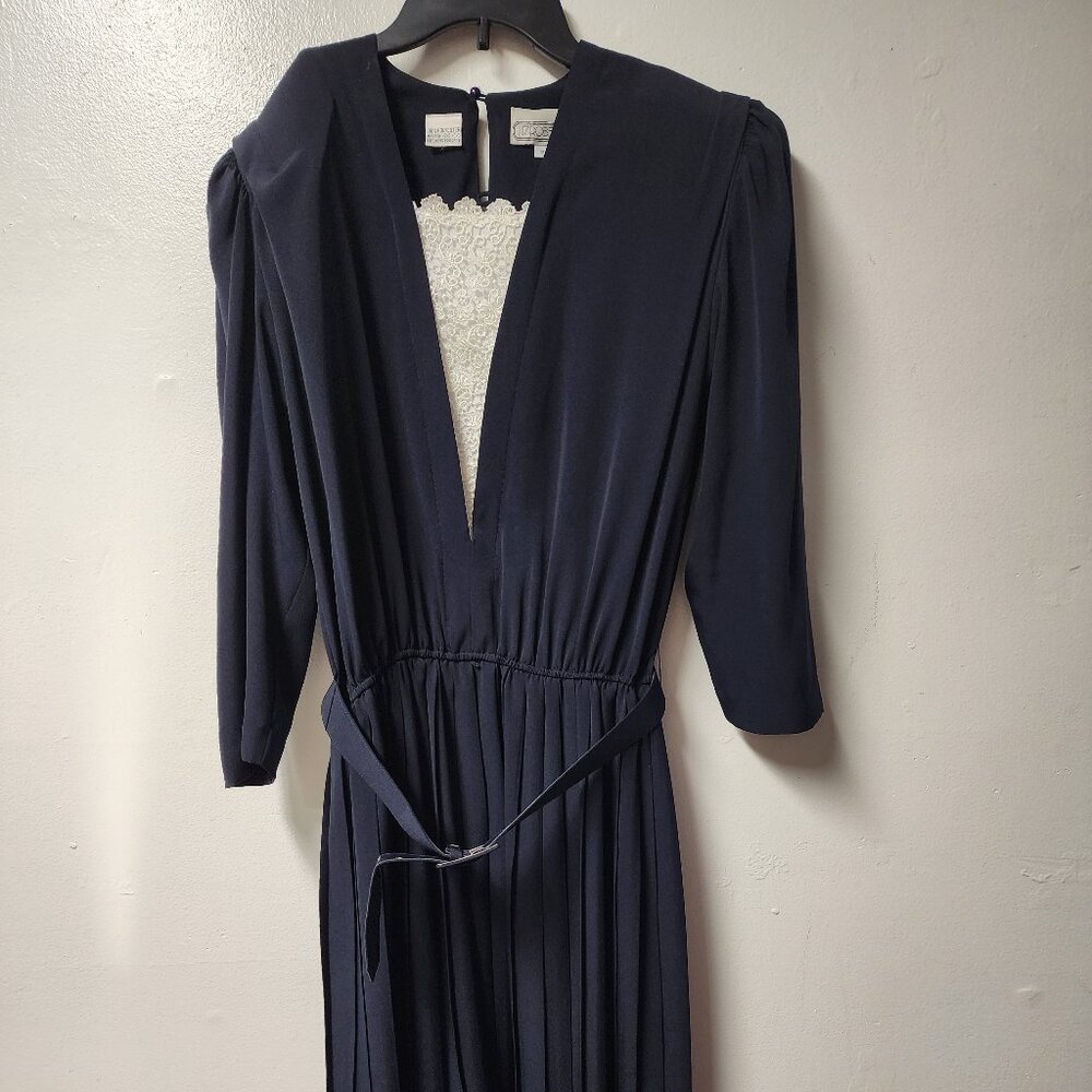 Vintage Liz Roberts Navy Long Sleeve Polyester Dress Lace insert neck 12 Church